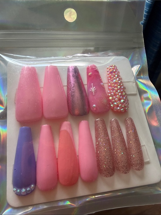 Other - super fly pink coffin long foiled bling nails press on new
